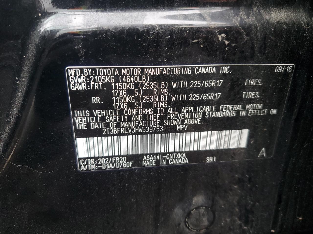 2017 Toyota Rav4 Le VIN: 2T3BFREV3HW539753 Lot: 86650115