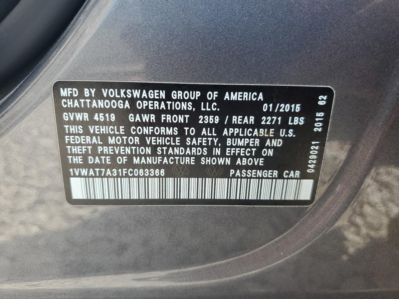 2015 Volkswagen Passat S VIN: 1VWAT7A31FC063366 Lot: 85126505