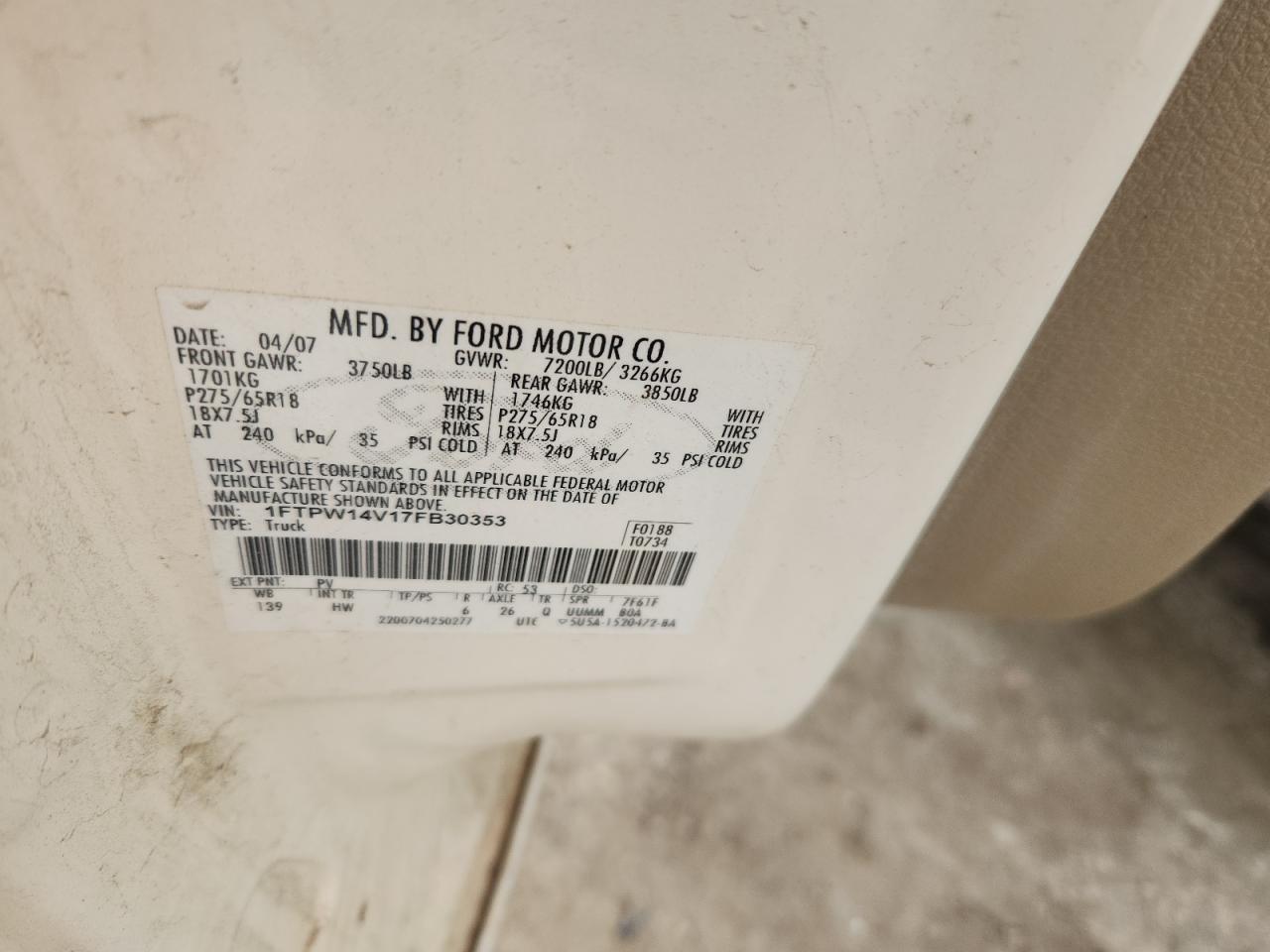 2007 Ford F150 Supercrew VIN: 1FTPW14V17FB30353 Lot: 85321845