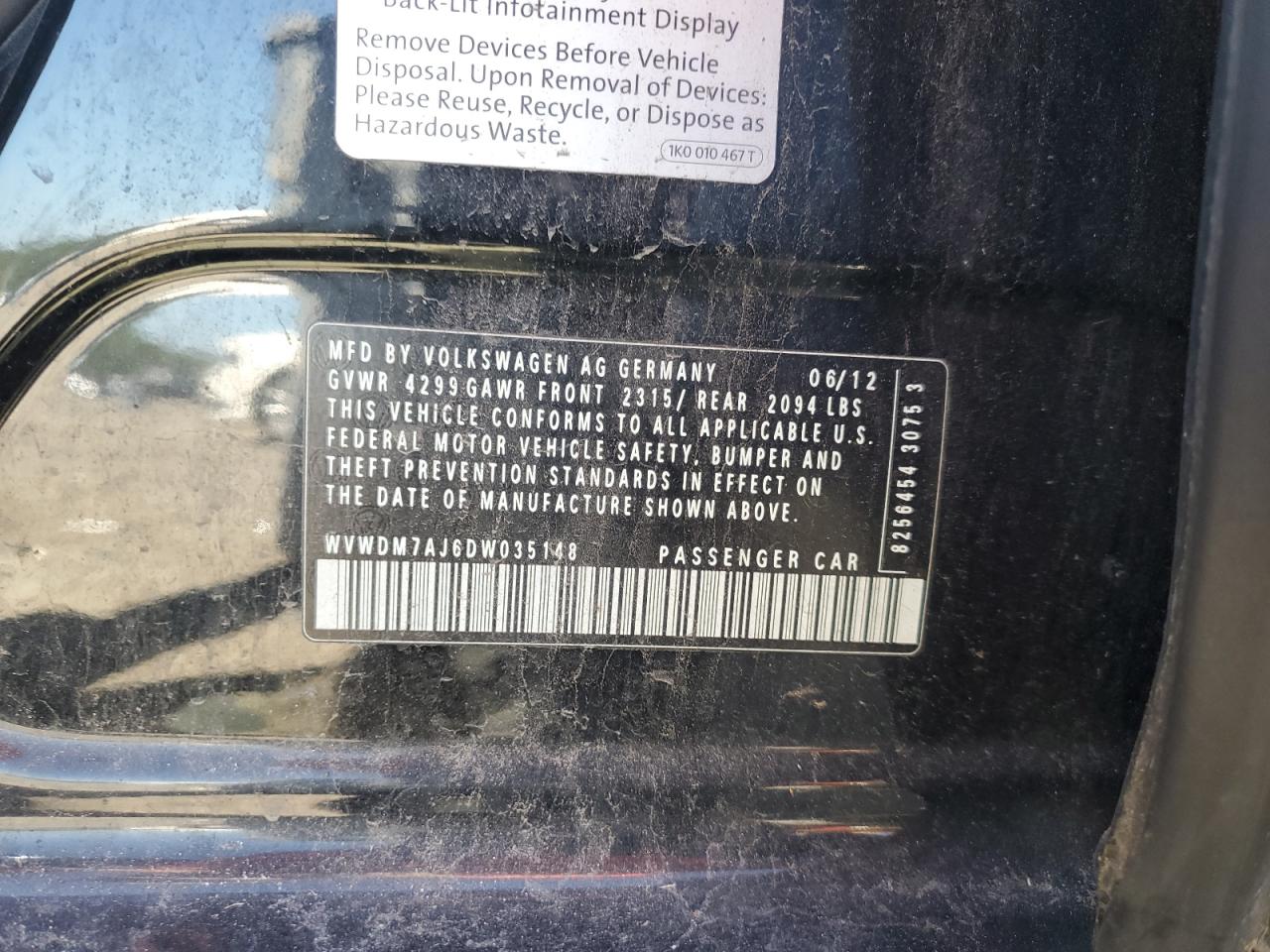 2013 Volkswagen Golf VIN: WVWDM7AJ6DW035148 Lot: 83924955