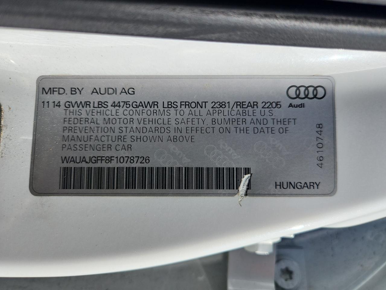 2015 Audi A3 Premium VIN: WAUAJGFF8F1078726 Lot: 89805375