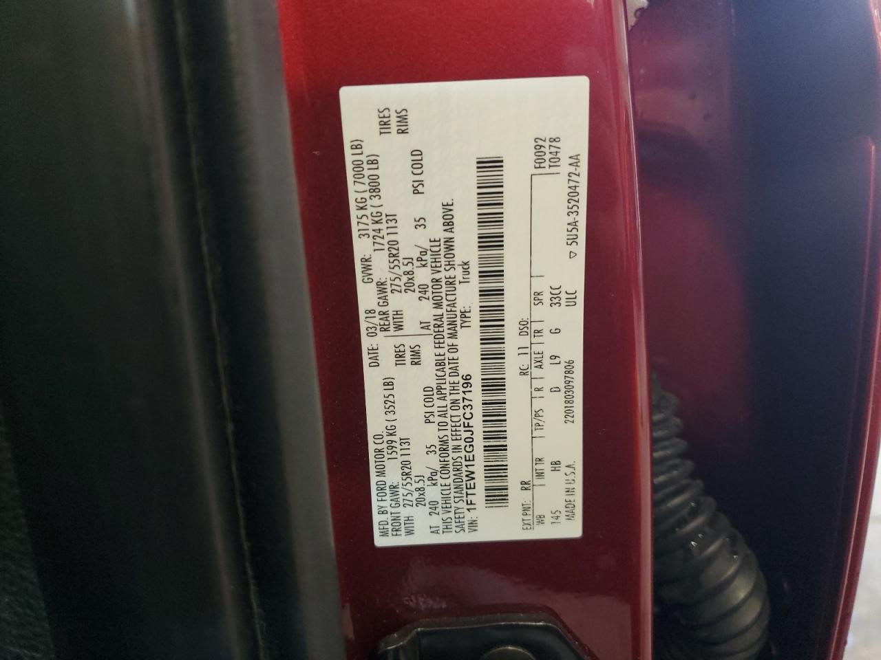 2018 Ford F150 Supercrew VIN: 1FTEW1EG0JFC37196 Lot: 89810535