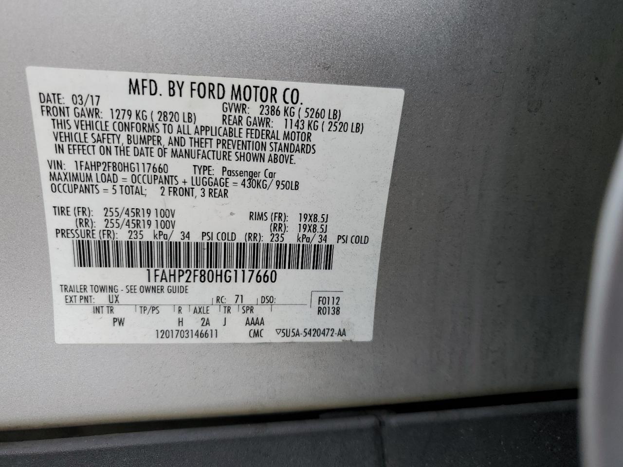 2017 Ford Taurus Limited VIN: 1FAHP2F80HG117660 Lot: 84993165