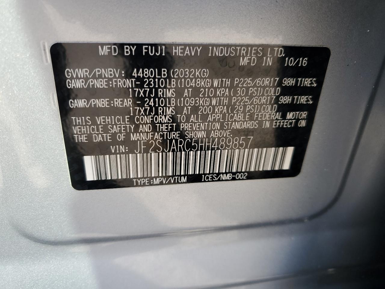 2017 Subaru Forester 2.5I Limited VIN: JF2SJARC5HH489857 Lot: 90802515