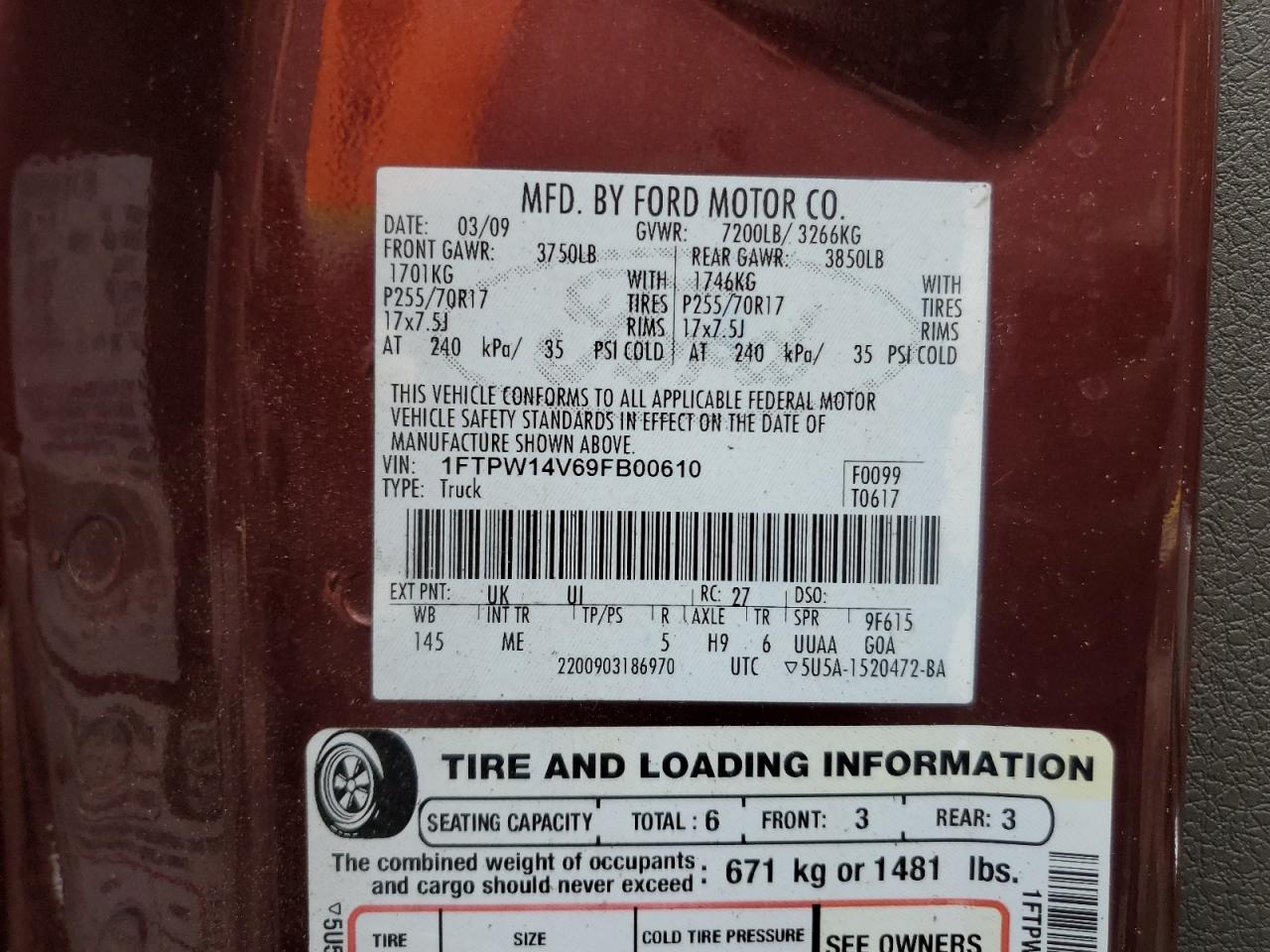2009 Ford F150 Supercrew VIN: 1FTPW14V69FB00610 Lot: 86675115