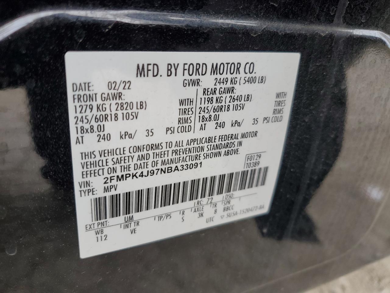 2022 Ford Edge Sel VIN: 2FMPK4J97NBA33091 Lot: 90281595