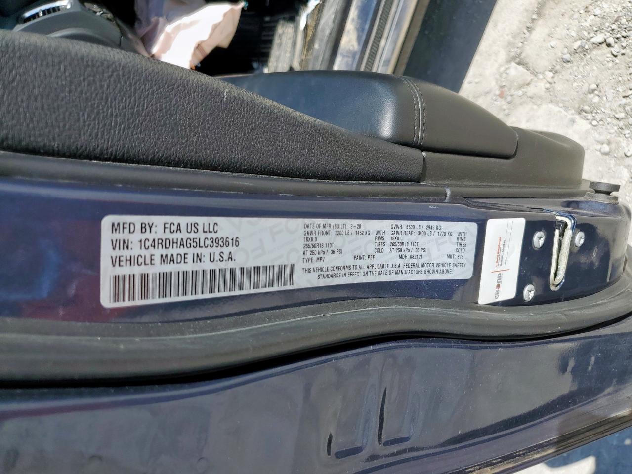 2020 Dodge Durango Sxt VIN: 1C4RDHAG5LC393616 Lot: 85780465