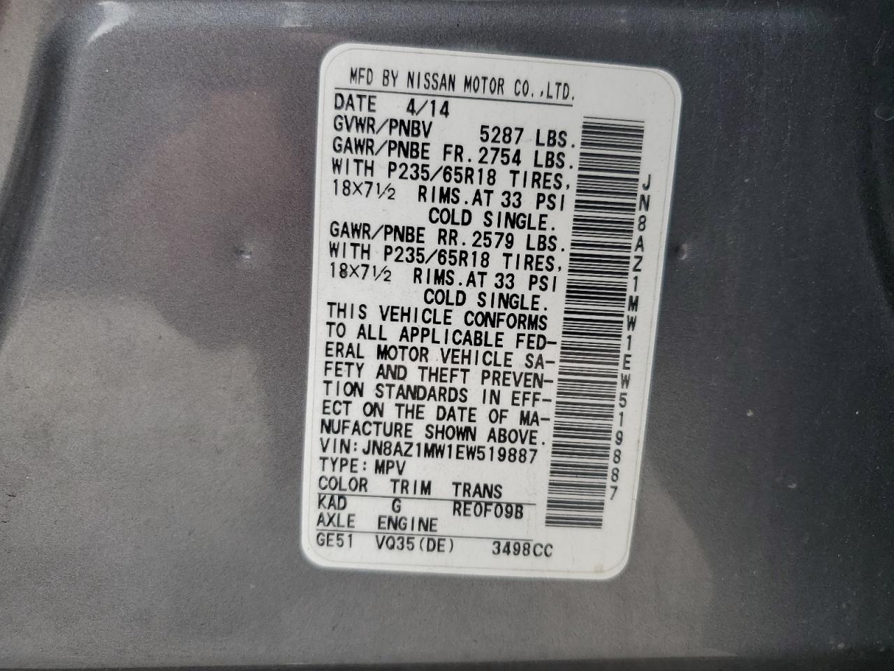 2014 Nissan Murano S VIN: JN8AZ1MW1EW519887 Lot: 82235565