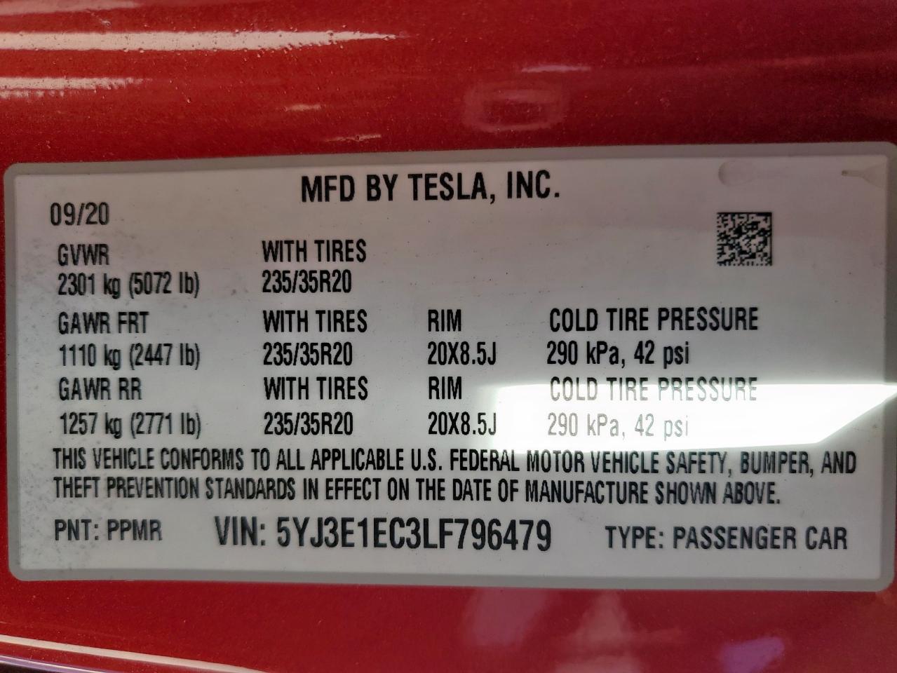 2020 Tesla Model 3 VIN: 5YJ3E1EC3LF796479 Lot: 89855105