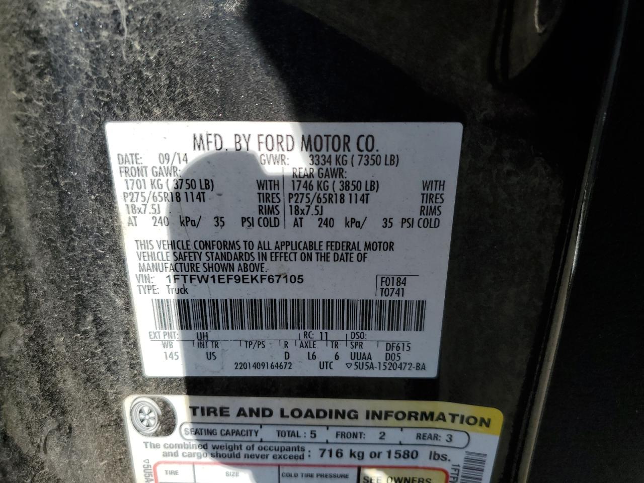 2014 Ford F150 Supercrew VIN: 1FTFW1EF9EKF67105 Lot: 87403335