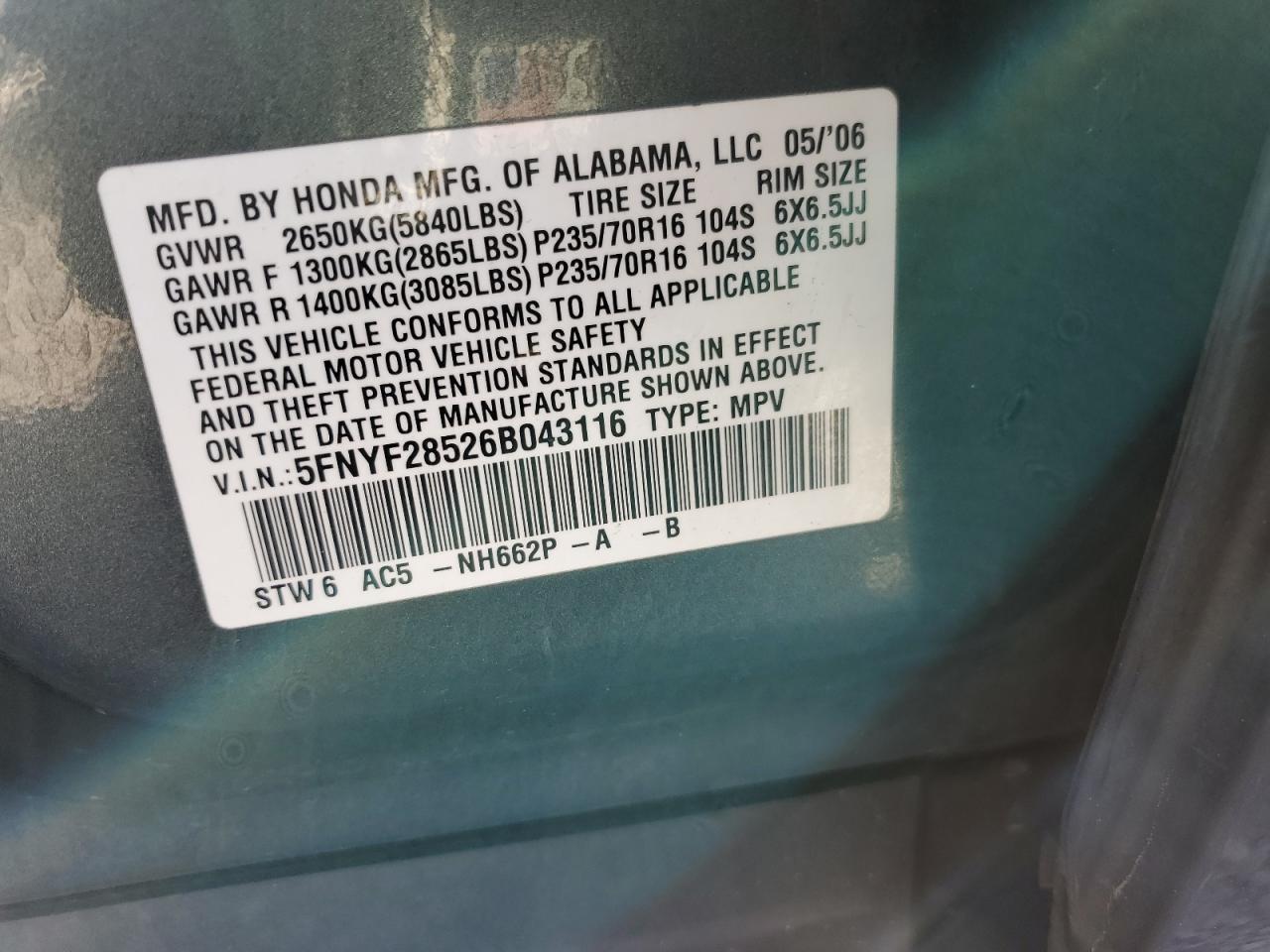 2006 Honda Pilot Ex VIN: 5FNYF28526B043116 Lot: 81969915