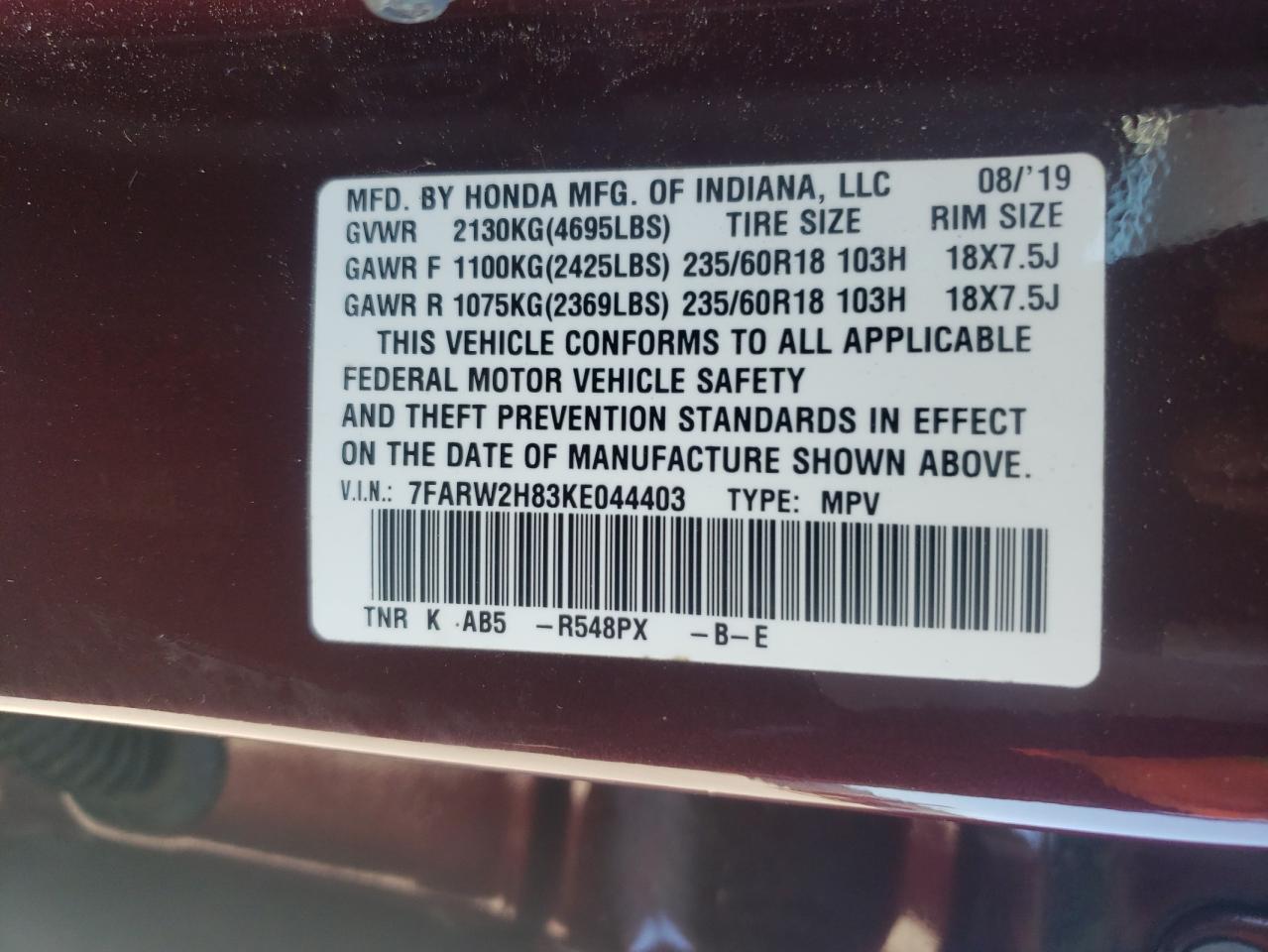 2019 Honda Cr-V Exl VIN: 7FARW2H83KE044403 Lot: 84745825