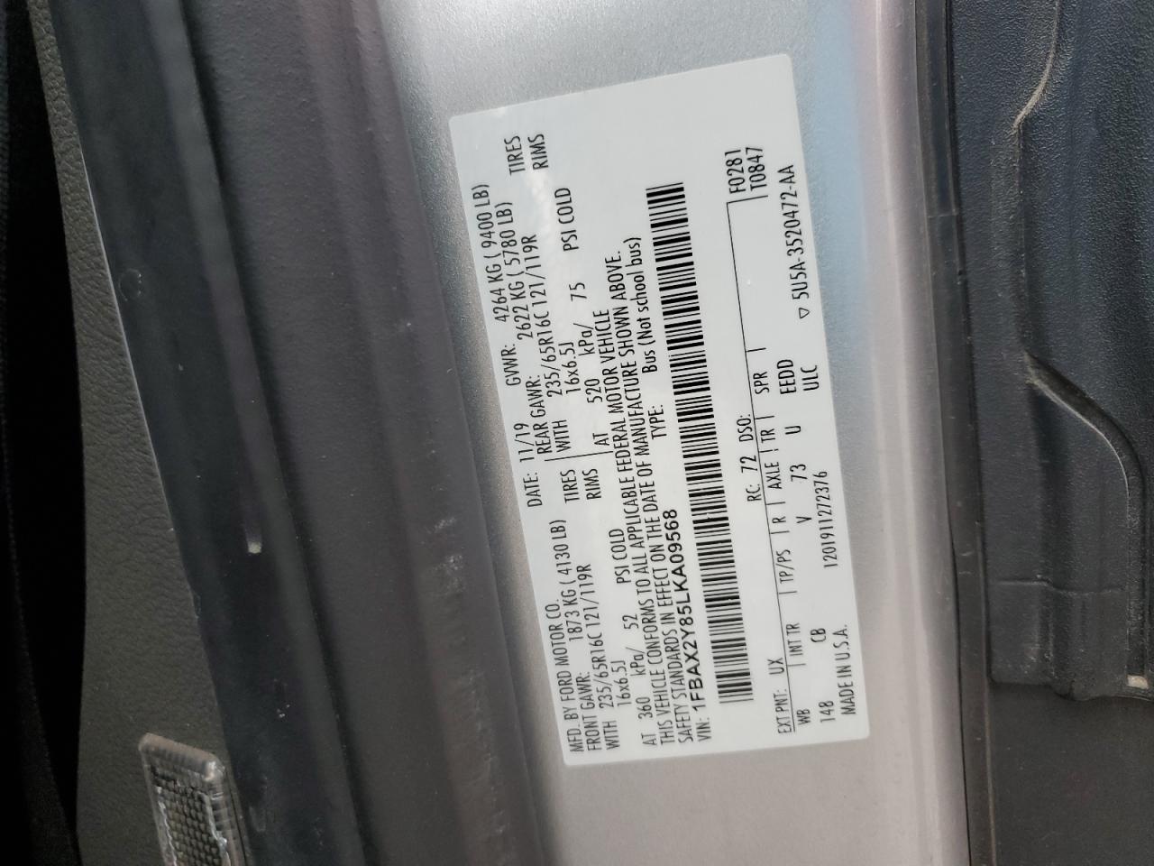 2020 Ford Transit T-350 VIN: 1FBAX2Y85LKA09568 Lot: 87422055