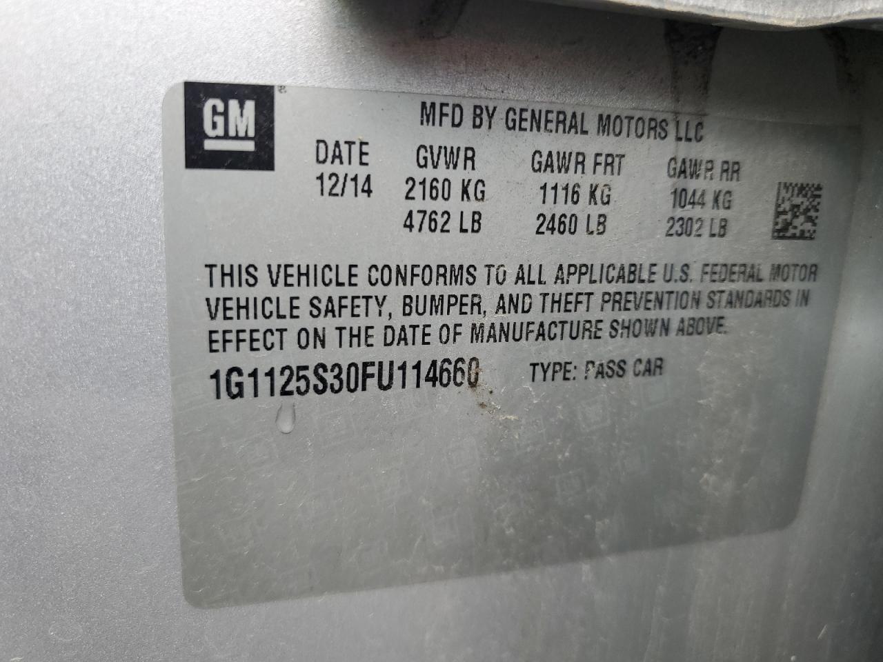 2015 Chevrolet Impala Lt VIN: 1G1125S30FU114660 Lot: 83964205