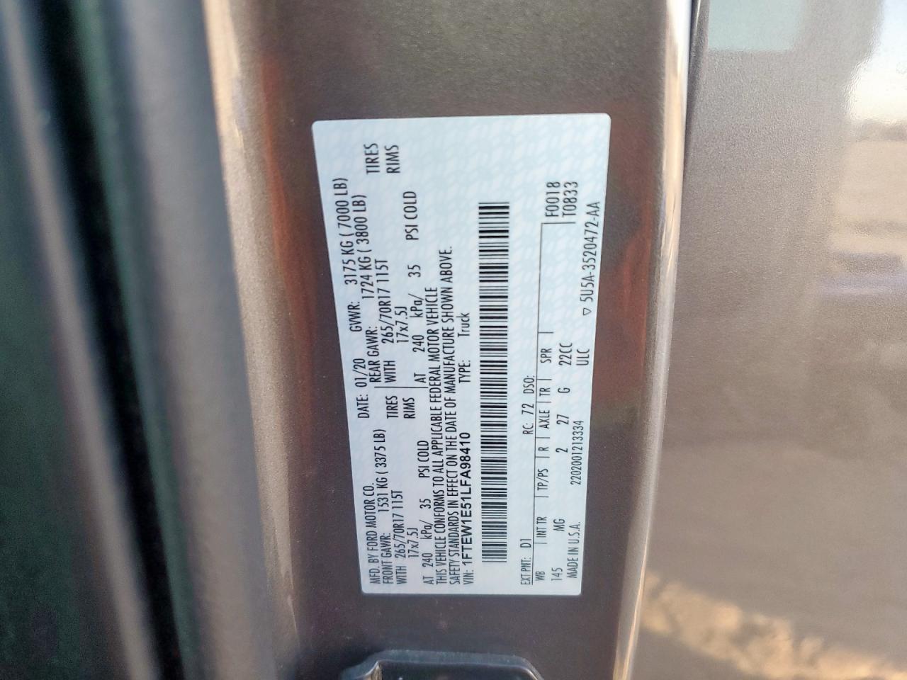 2020 Ford F150 Supercrew VIN: 1FTEW1E51LFA98410 Lot: 85100715