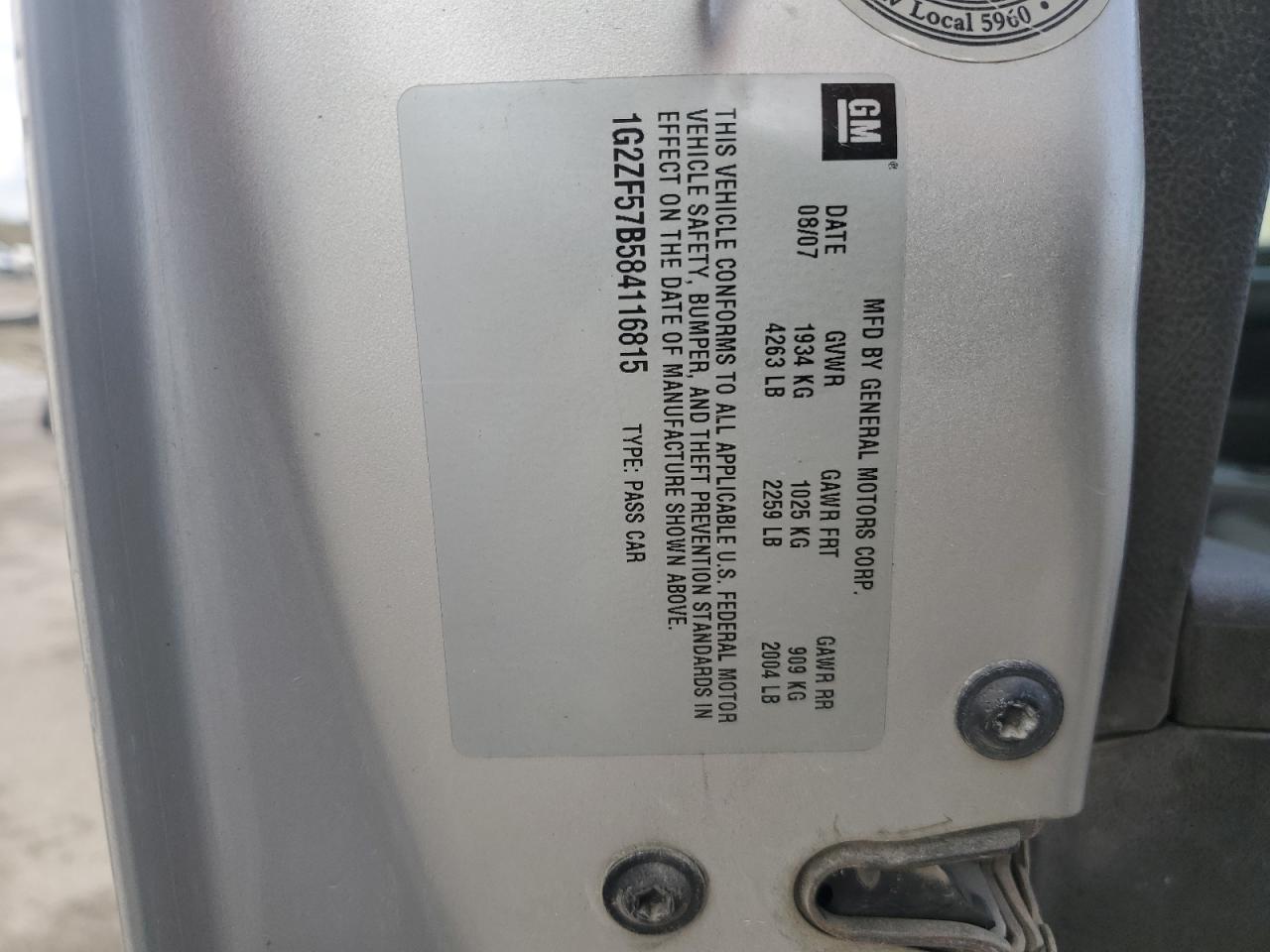 2008 Pontiac G6 Value Leader VIN: 1G2ZF57B584116815 Lot: 90658045