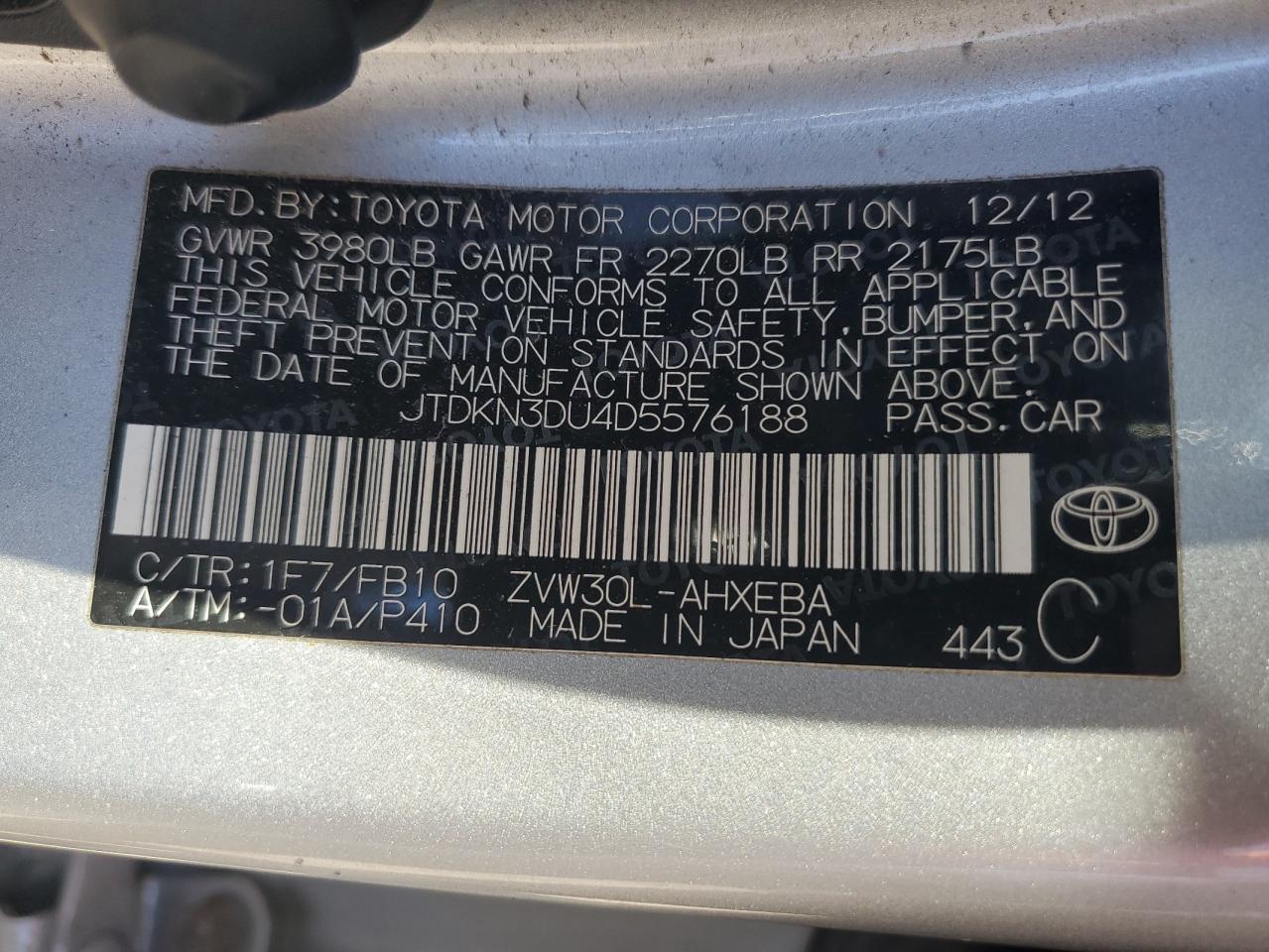 2013 Toyota Prius VIN: JTDKN3DU4D5576188 Lot: 84417955