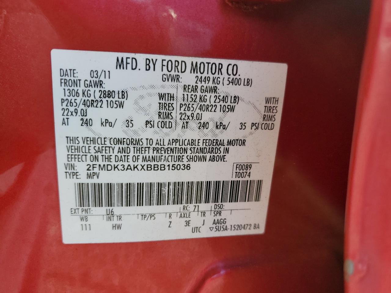 2011 Ford Edge Sport VIN: 2FMDK3AKXBBB15036 Lot: 85883655