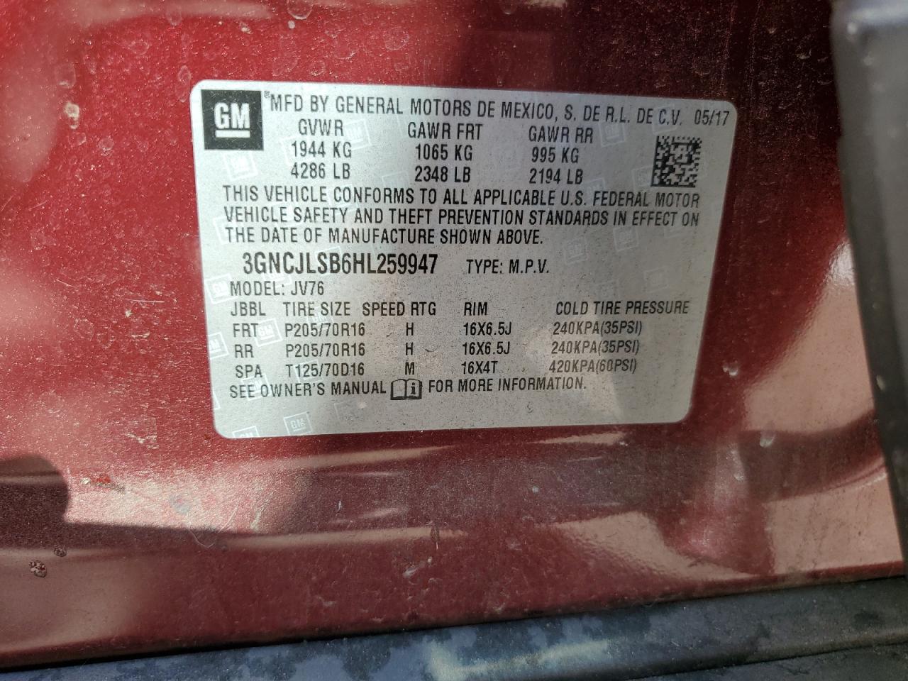 2017 Chevrolet Trax 1Lt VIN: 3GNCJLSB6HL259947 Lot: 86269675