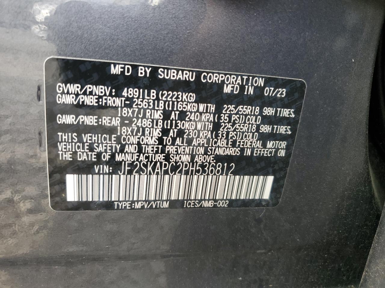 2023 Subaru Forester Limited VIN: JF2SKAPC2PH536812 Lot: 84789585