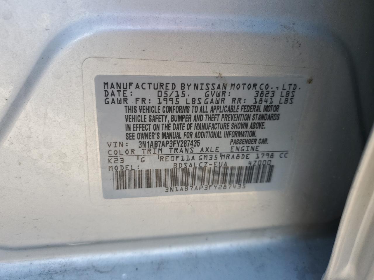 2015 Nissan Sentra S VIN: 3N1AB7AP3FY287435 Lot: 82354825