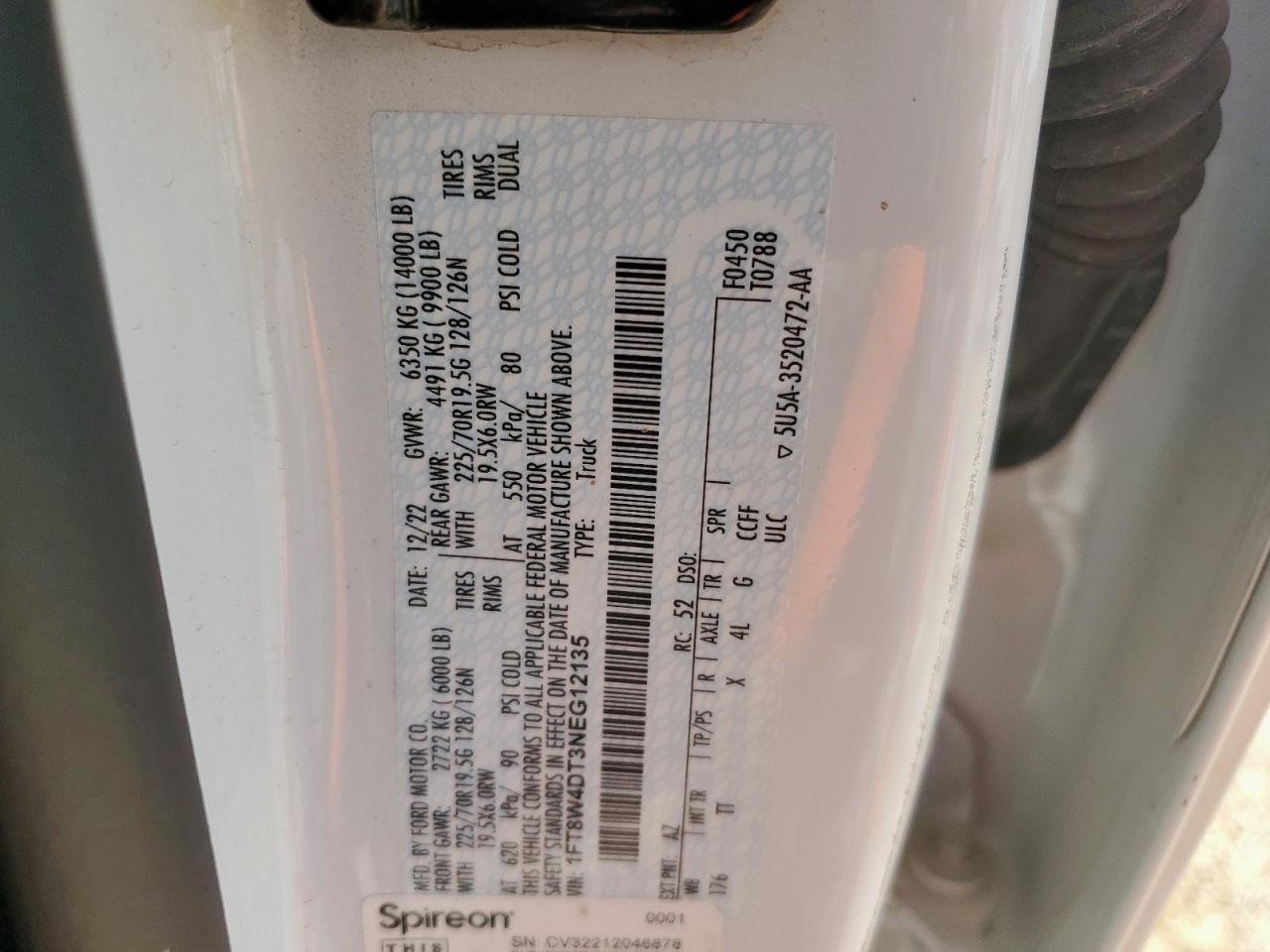 2022 Ford F450 Super Duty VIN: 1FT8W4DT3NEG12135 Lot: 69789765