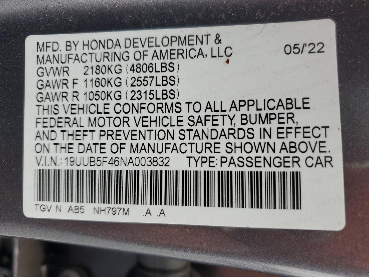 2022 Acura Tlx Technology VIN: 19UUB5F46NA003832 Lot: 90328385