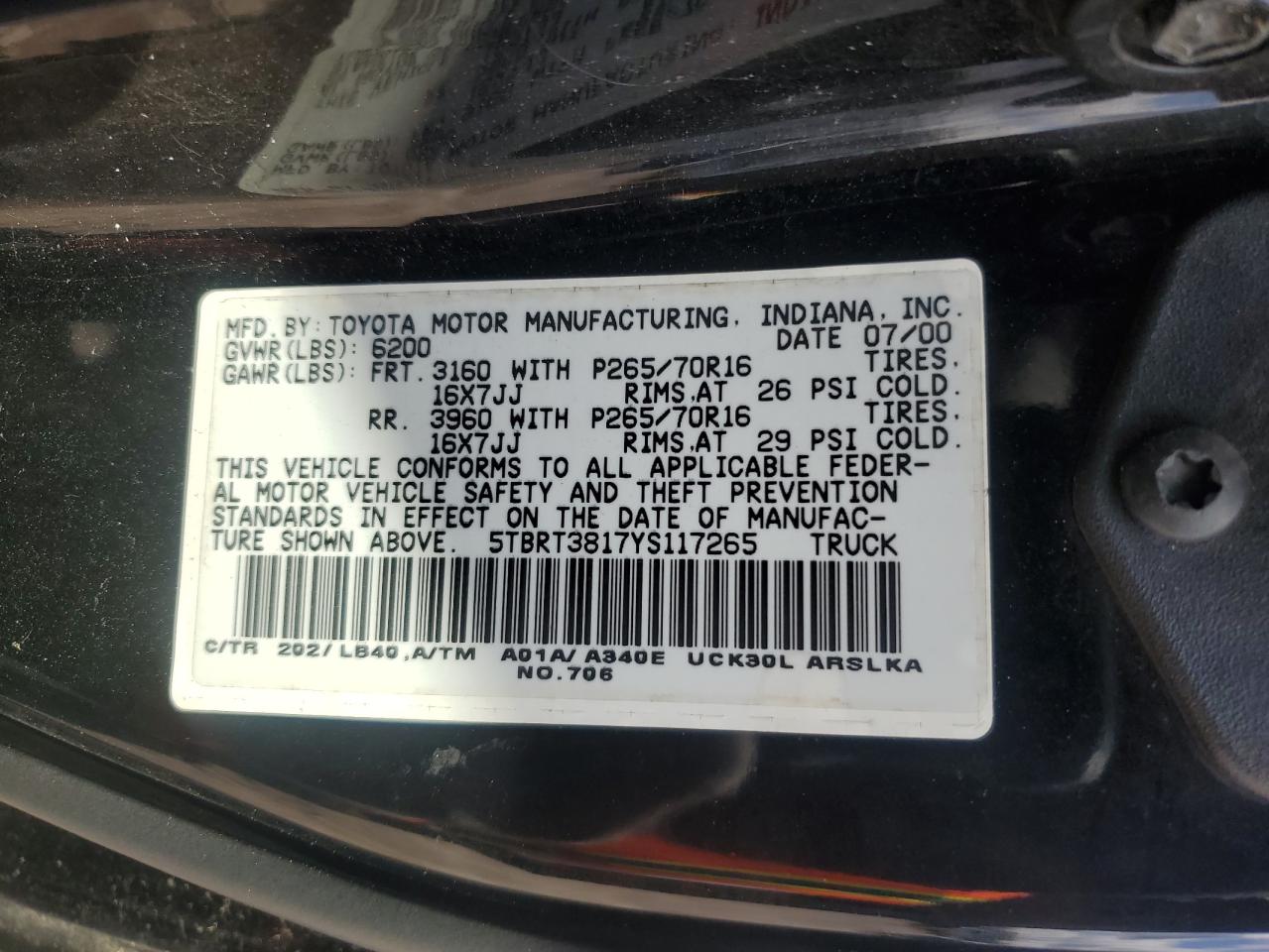 2000 Toyota Tundra Access Cab Limited VIN: 5TBRT3817YS117265 Lot: 86516145