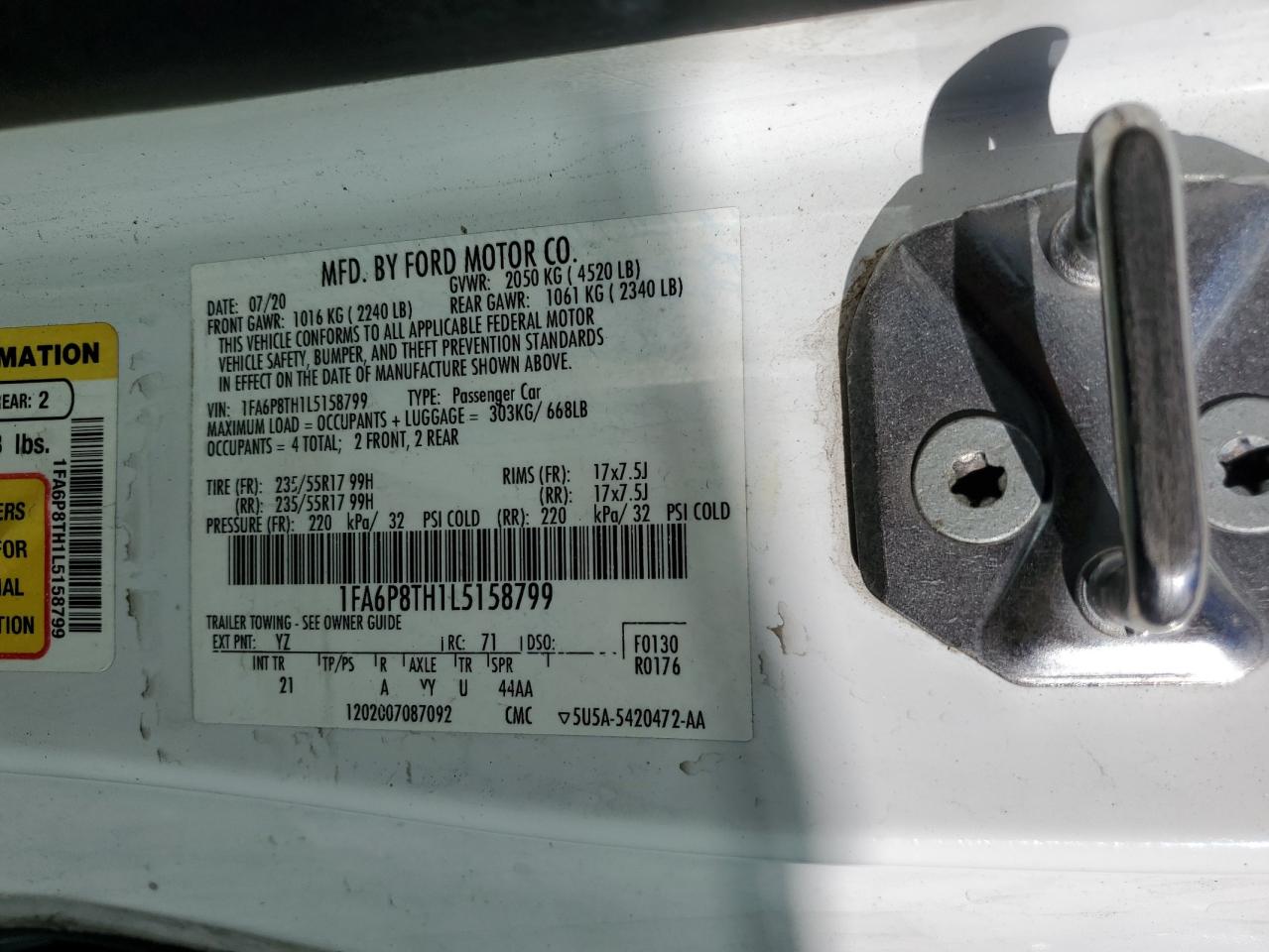 2020 Ford Mustang VIN: 1FA6P8TH1L5158799 Lot: 84801275