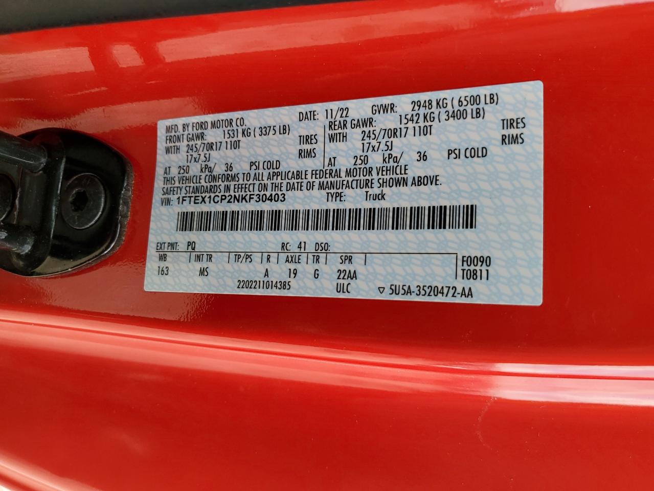 2022 Ford F150 Super Cab VIN: 1FTEX1CP2NKF30403 Lot: 84354095