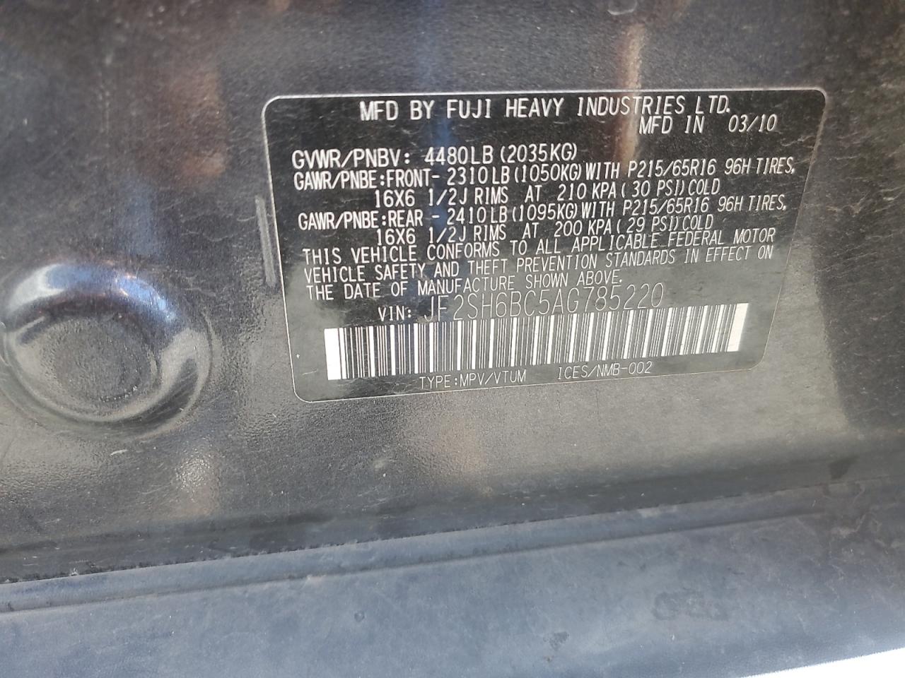 2010 Subaru Forester Xs VIN: JF2SH6BC5AG785220 Lot: 82216865