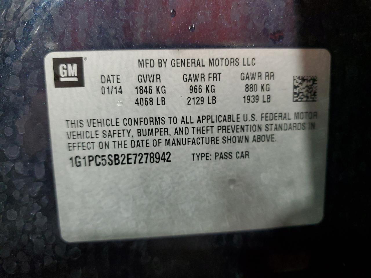 2014 Chevrolet Cruze Lt VIN: 1G1PC5SB2E7278942 Lot: 84622695