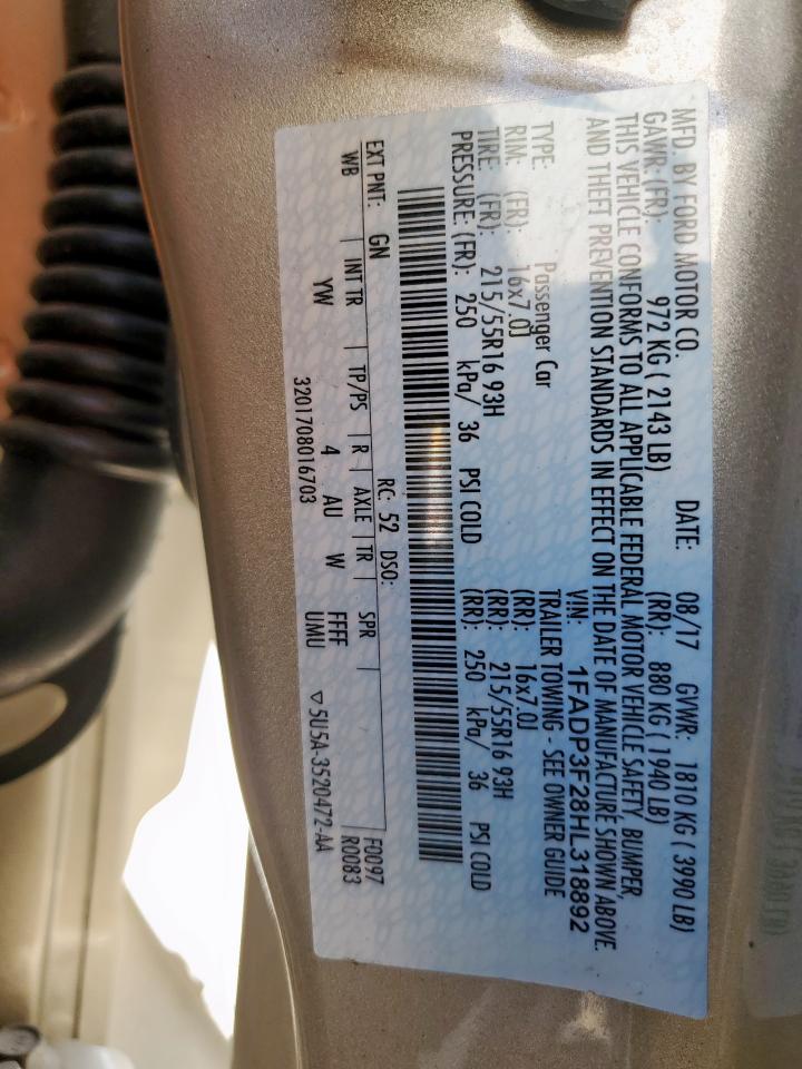 2017 Ford Focus Se VIN: 1FADP3F28HL318892 Lot: 81950525