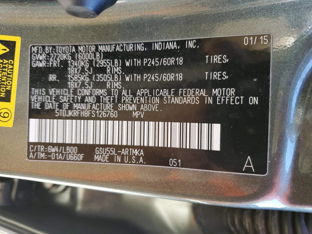 2015 Toyota Highlander Xle VIN: 5TDJKRFH8FS126760 Lot: 85752345