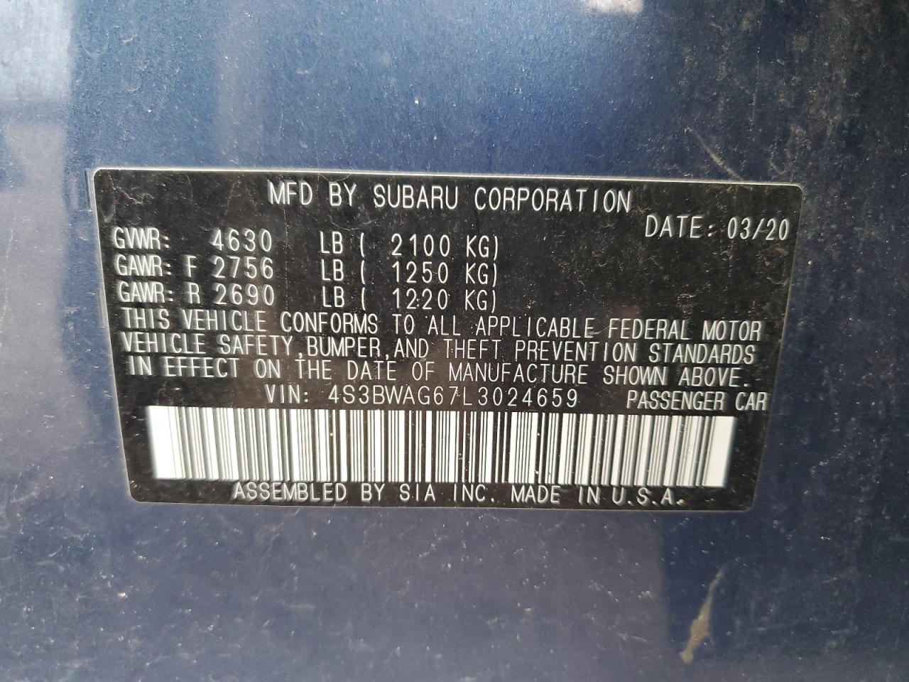 2020 Subaru Legacy Sport VIN: 4S3BWAG67L3024659 Lot: 82713225