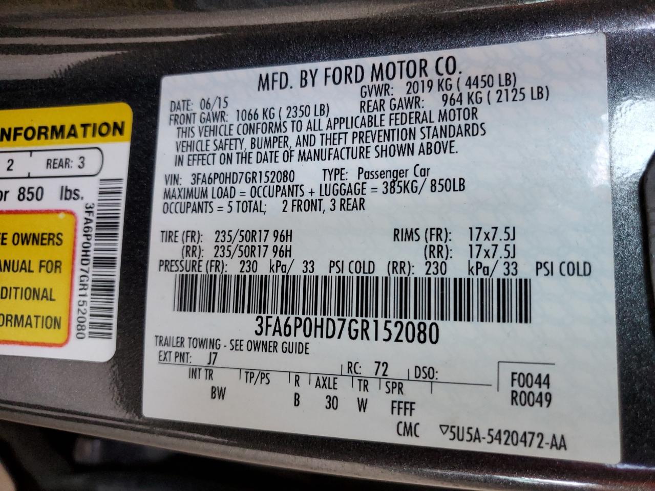 2016 Ford Fusion Se VIN: 3FA6P0HD7GR152080 Lot: 89705185