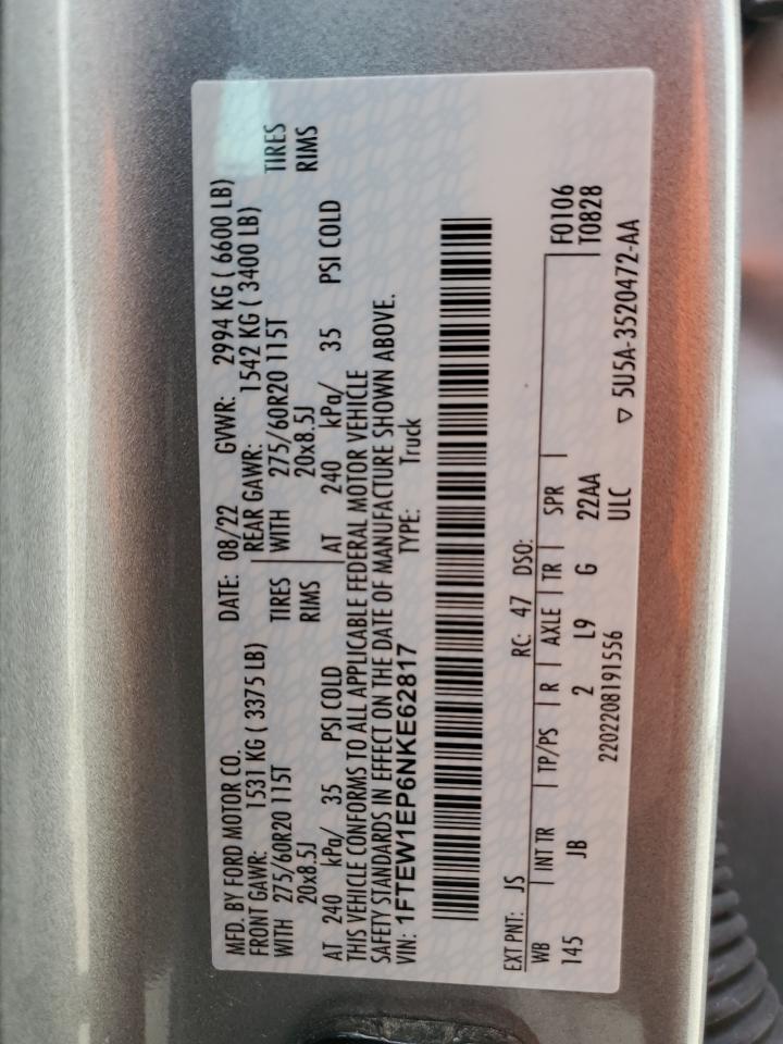 2022 Ford F150 Supercrew VIN: 1FTEW1EP6NKE62817 Lot: 87241165