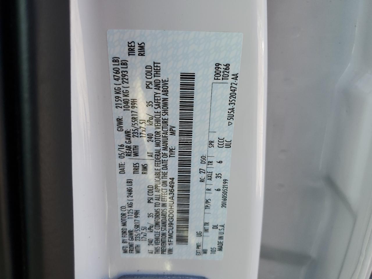 2017 Ford Escape Se VIN: 1FMCU9GD0HUA36494 Lot: 82500765