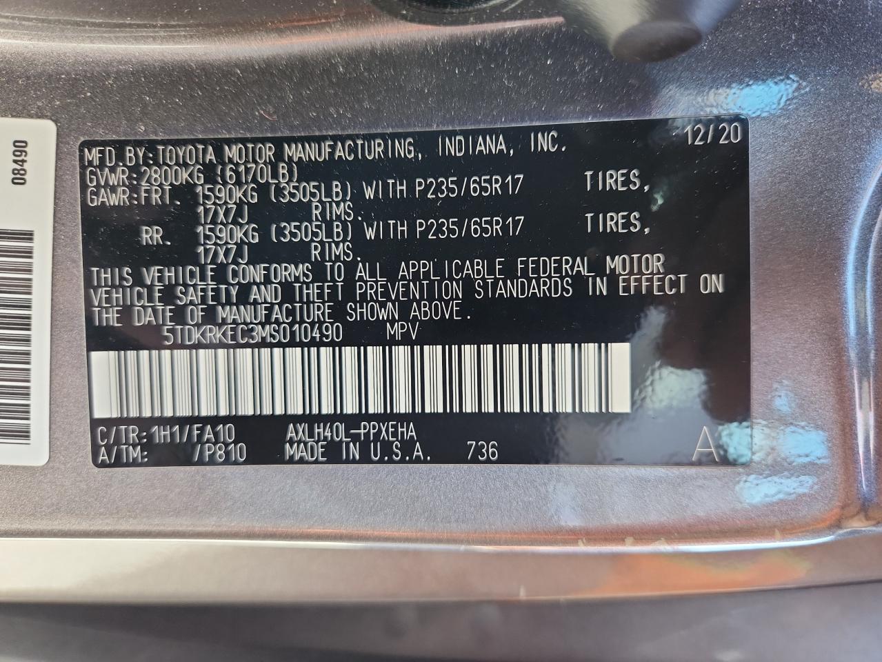 2021 Toyota Sienna Le VIN: 5TDKRKEC3MS010490 Lot: 89621415