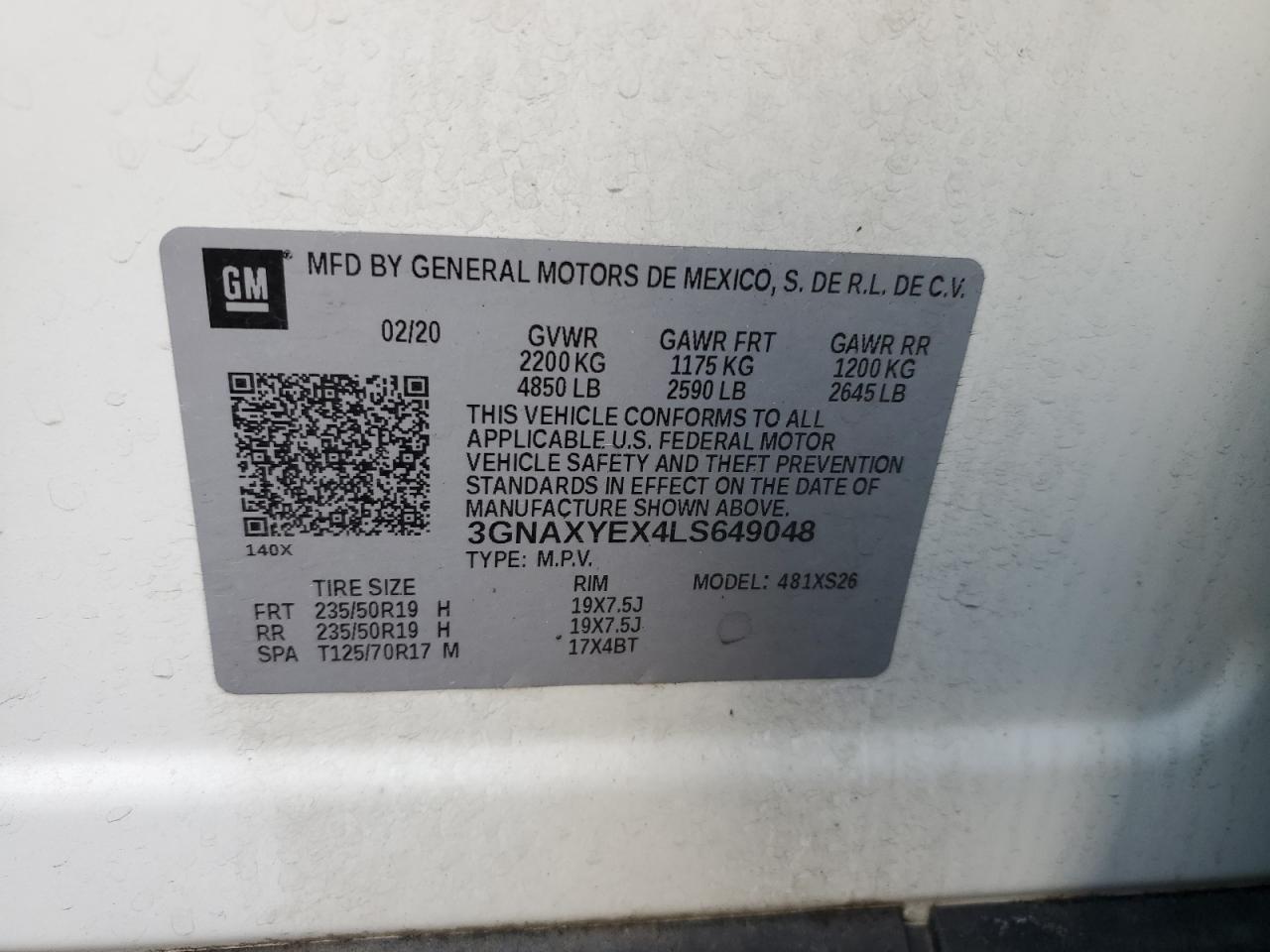 2020 Chevrolet Equinox Premier VIN: 3GNAXYEX4LS649048 Lot: 82503455