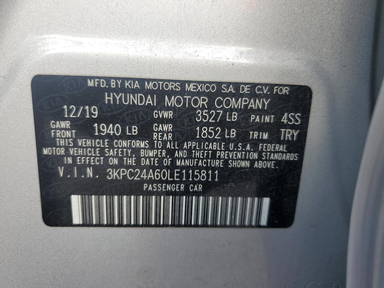 2020 Hyundai Accent Se VIN: 3KPC24A60LE115811 Lot: 90414125