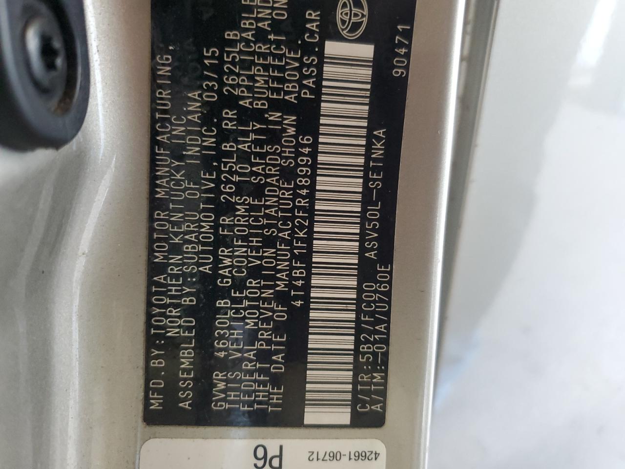 2015 Toyota Camry Le VIN: 4T4BF1FK2FR489946 Lot: 82413315