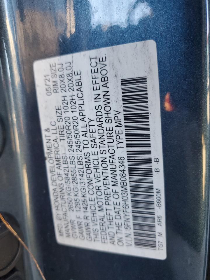 2021 Honda Pilot Elite VIN: 5FNYF6H03MB084346 Lot: 87102845