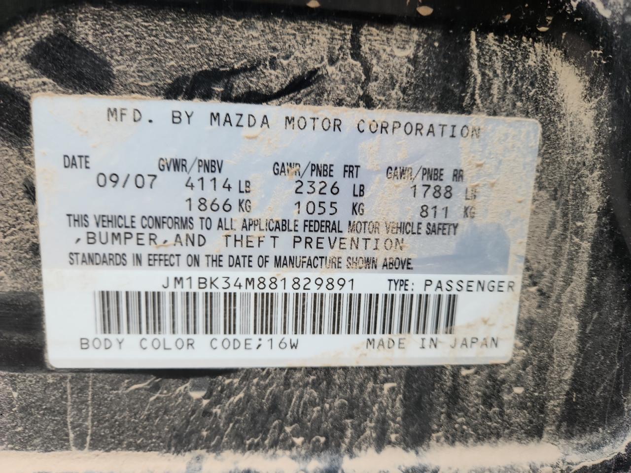 2008 Mazda Speed 3 VIN: JM1BK34M881829891 Lot: 82671785