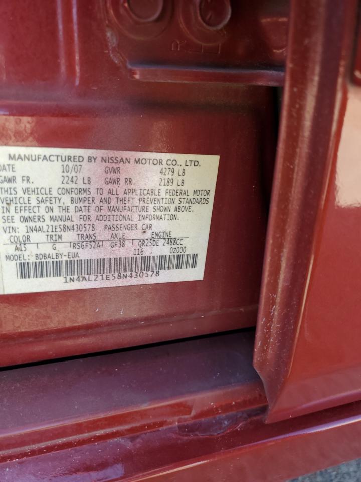 2008 Nissan Altima 2.5 VIN: 1N4AL21E58N430578 Lot: 80394375