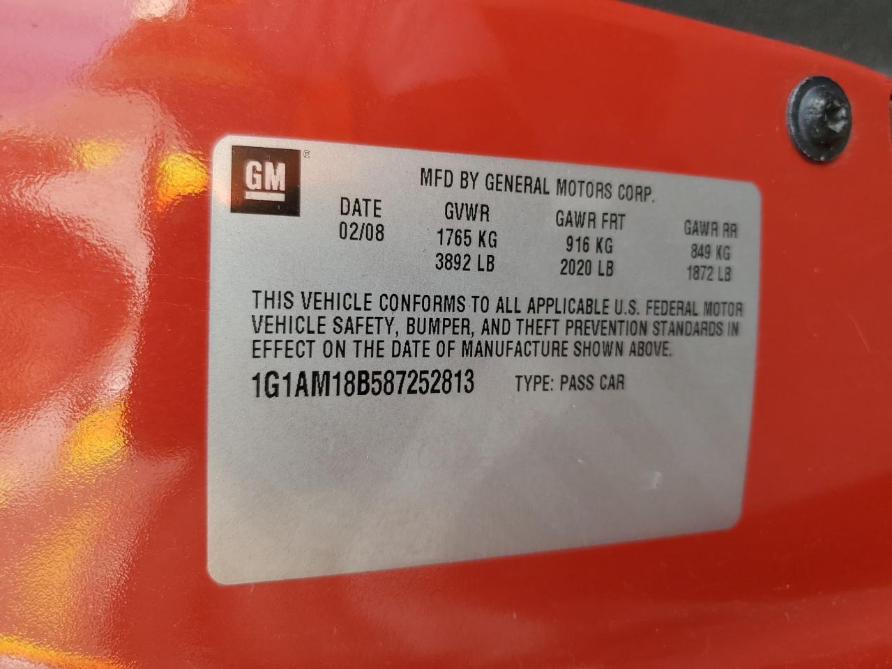 2008 Chevrolet Cobalt Sport VIN: 1G1AM18B587252813 Lot: 82682735