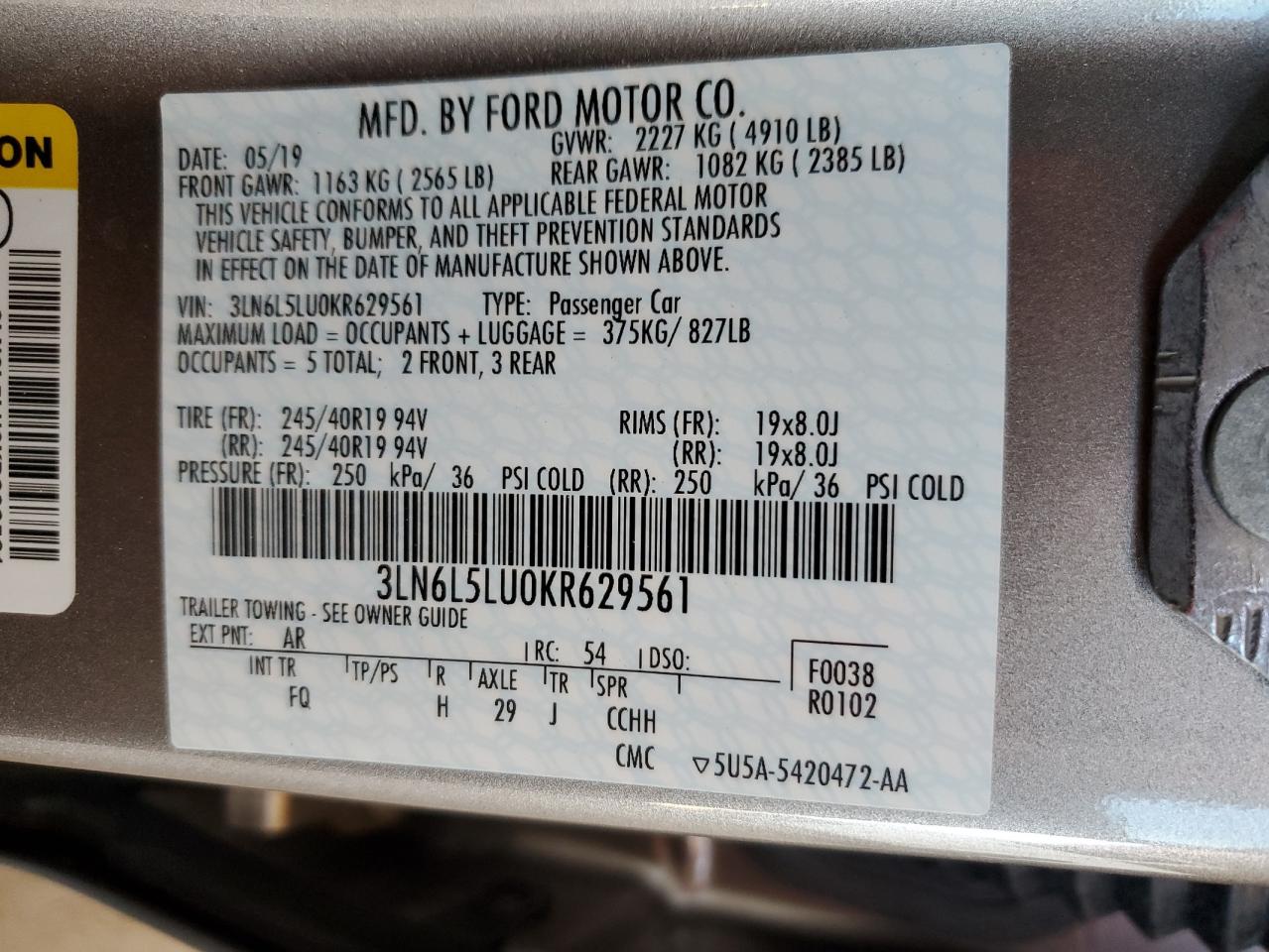 2019 Lincoln Mkz Reserve I VIN: 3LN6L5LU0KR629561 Lot: 82274315