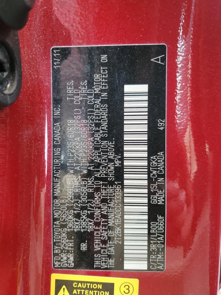 2012 Lexus Rx 350 VIN: 2T2BK1BA0CC133961 Lot: 85756345