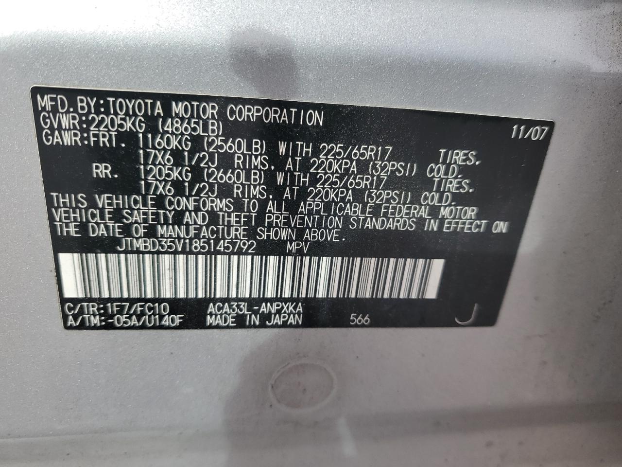 2008 Toyota Rav4 VIN: JTMBD35V185145792 Lot: 85881565