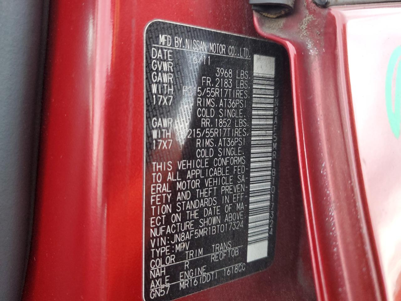 2011 Nissan Juke S VIN: JN8AF5MR1BT017324 Lot: 85939465